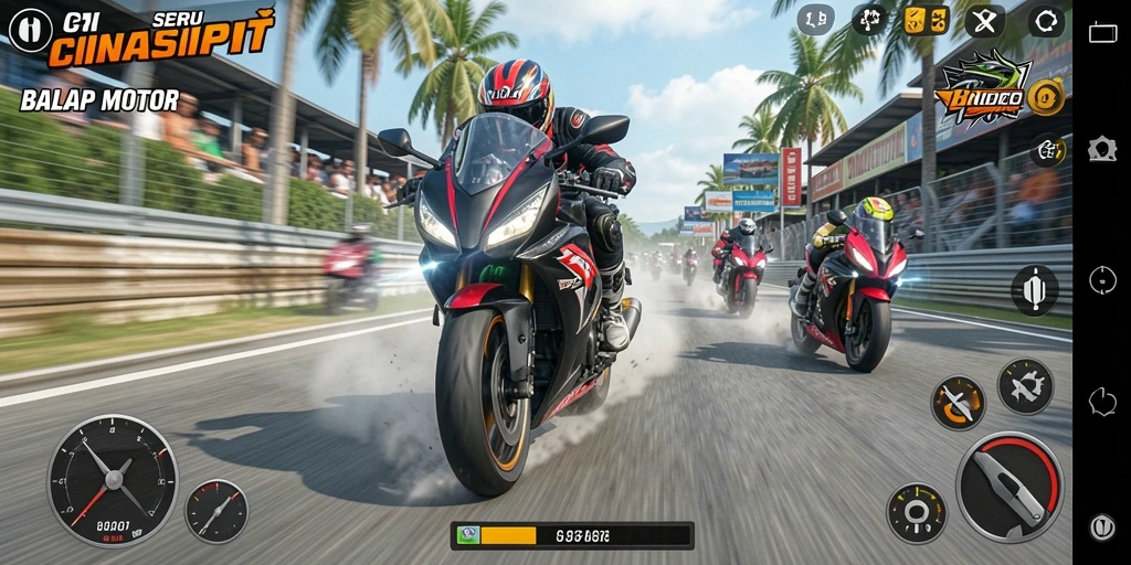 Tampilan antarmuka utama CINASIPIT dengan motor balap yang siap melaju.