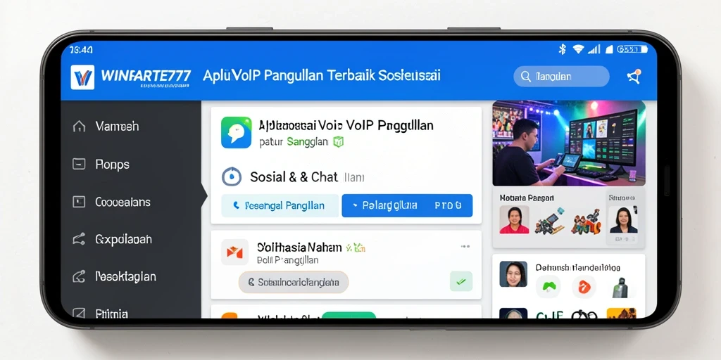 Antarmuka aplikasi WINRATE777 menampilkan fungsi VoIP Panggilan yang user-friendly.